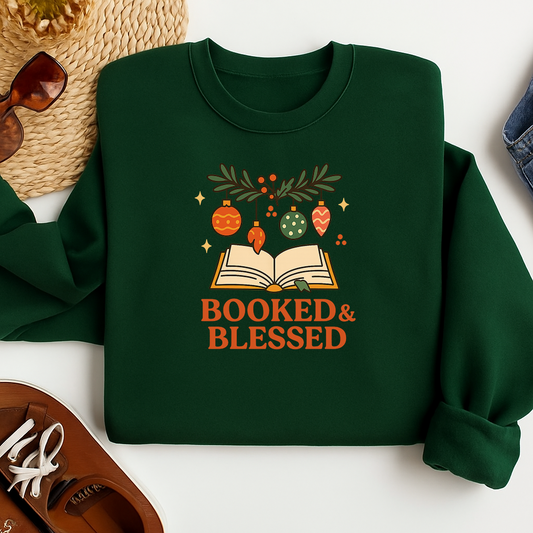 Booked and Blessed Sweatshirt, Christmas Book Lover Pullover, Holiday Cozy Crewneck