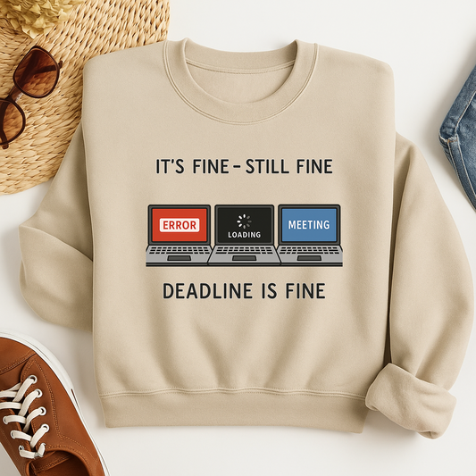 Funny Work Sweatshirt, It’s Fine Still Fine Deadline Is Fine Pullover, Office Humor Crewneck