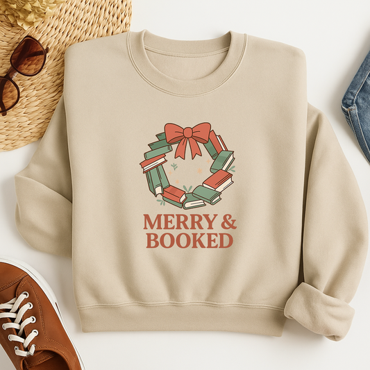 Merry and Booked Sweatshirt, Christmas Book Lover Pullover, Cozy Holiday Crewneck