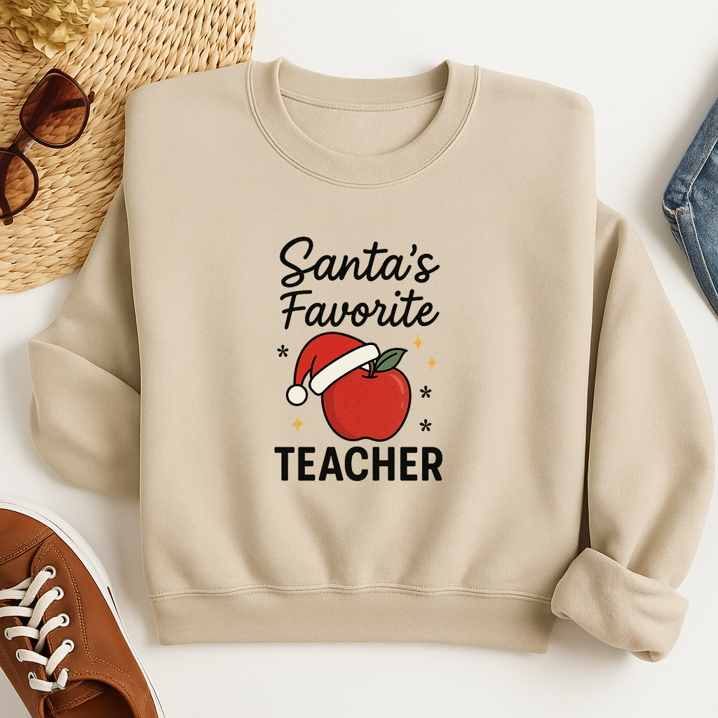 Santa’s Favorite Teacher Sweatshirt, Christmas Teacher Pullover, Holiday Gift Crewneck